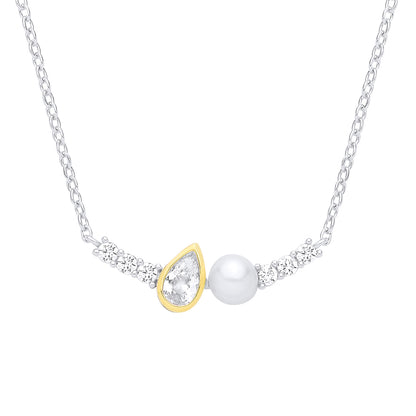 Silver  Pear Pearl & CZ Full Moon Toi et Moi Raindrop Necklace - GVK557