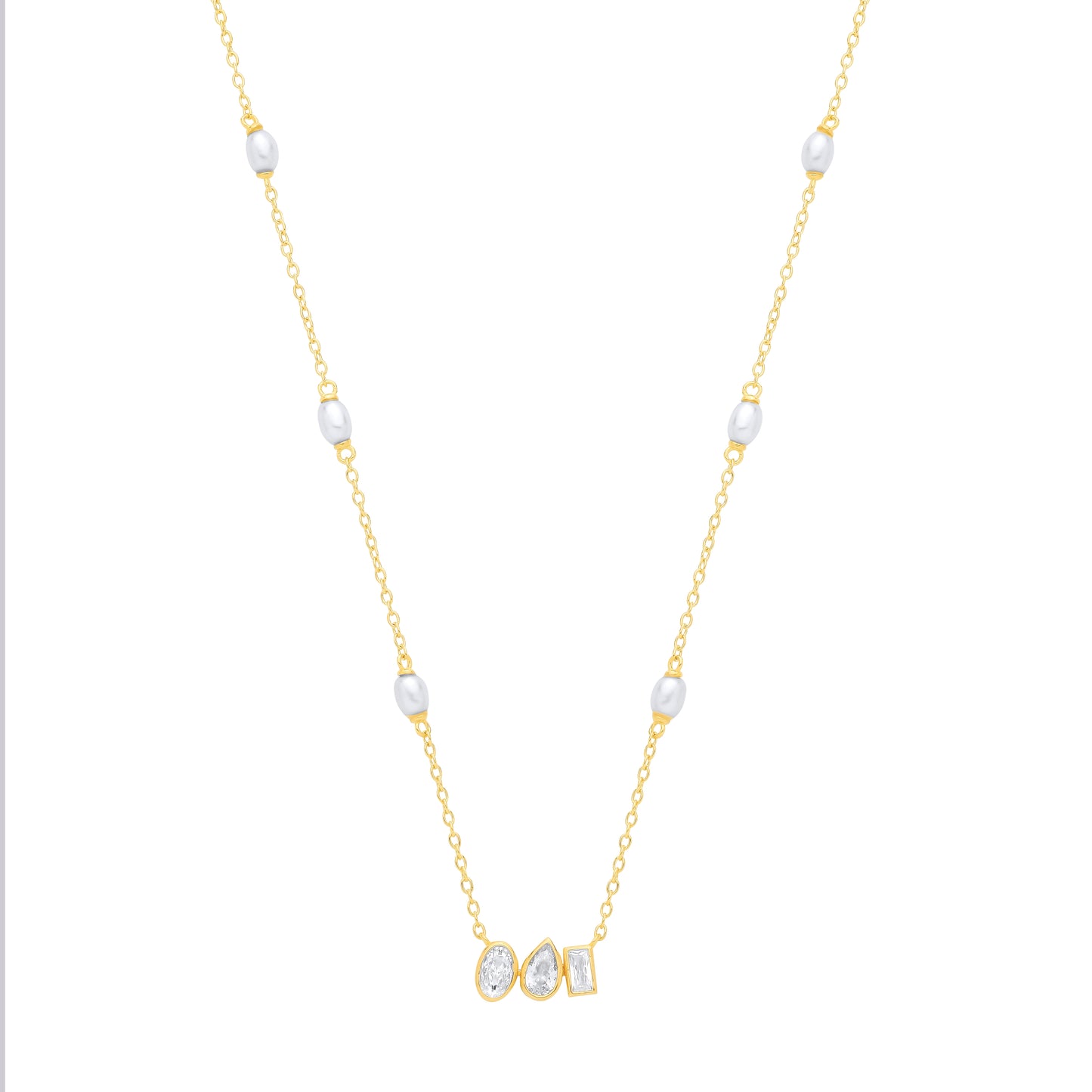 18K Gold Plated CZ & White Rice Shape Fresh Water Pearl Necklace - GVK558