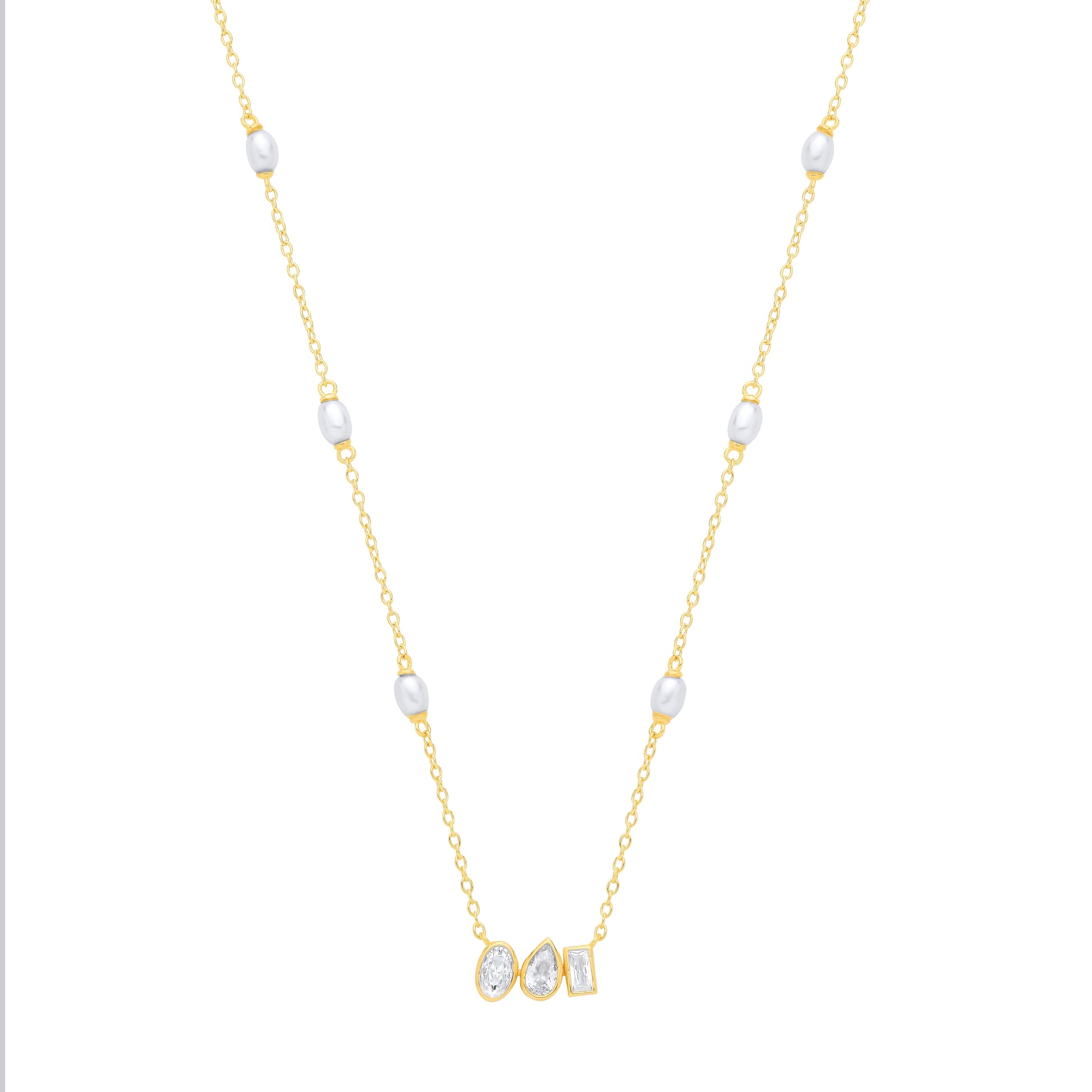 18K Gold Plated CZ & White Rice Shape Fresh Water Pearl Necklace - GVK558