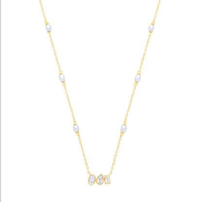 18K Gold Plated CZ & White Rice Shape Fresh Water Pearl Necklace - GVK558