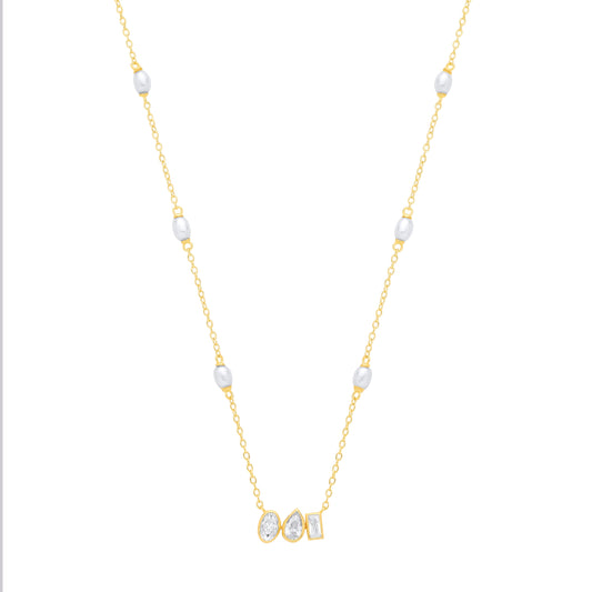 18K Gold Plated CZ & White Rice Shape Fresh Water Pearl Necklace - GVK558