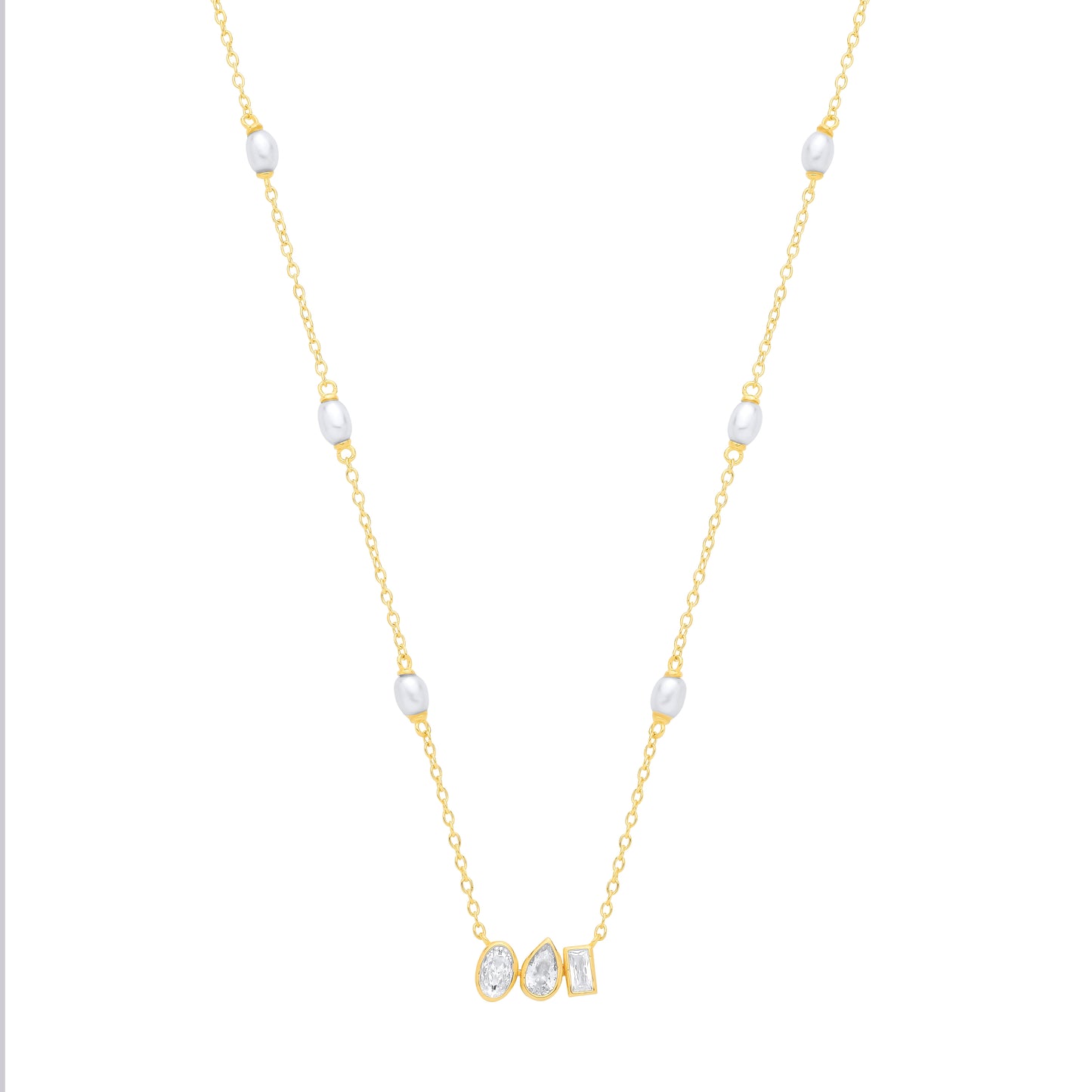 18K Gold Plated CZ & White Rice Shape Fresh Water Pearl Necklace - GVK558