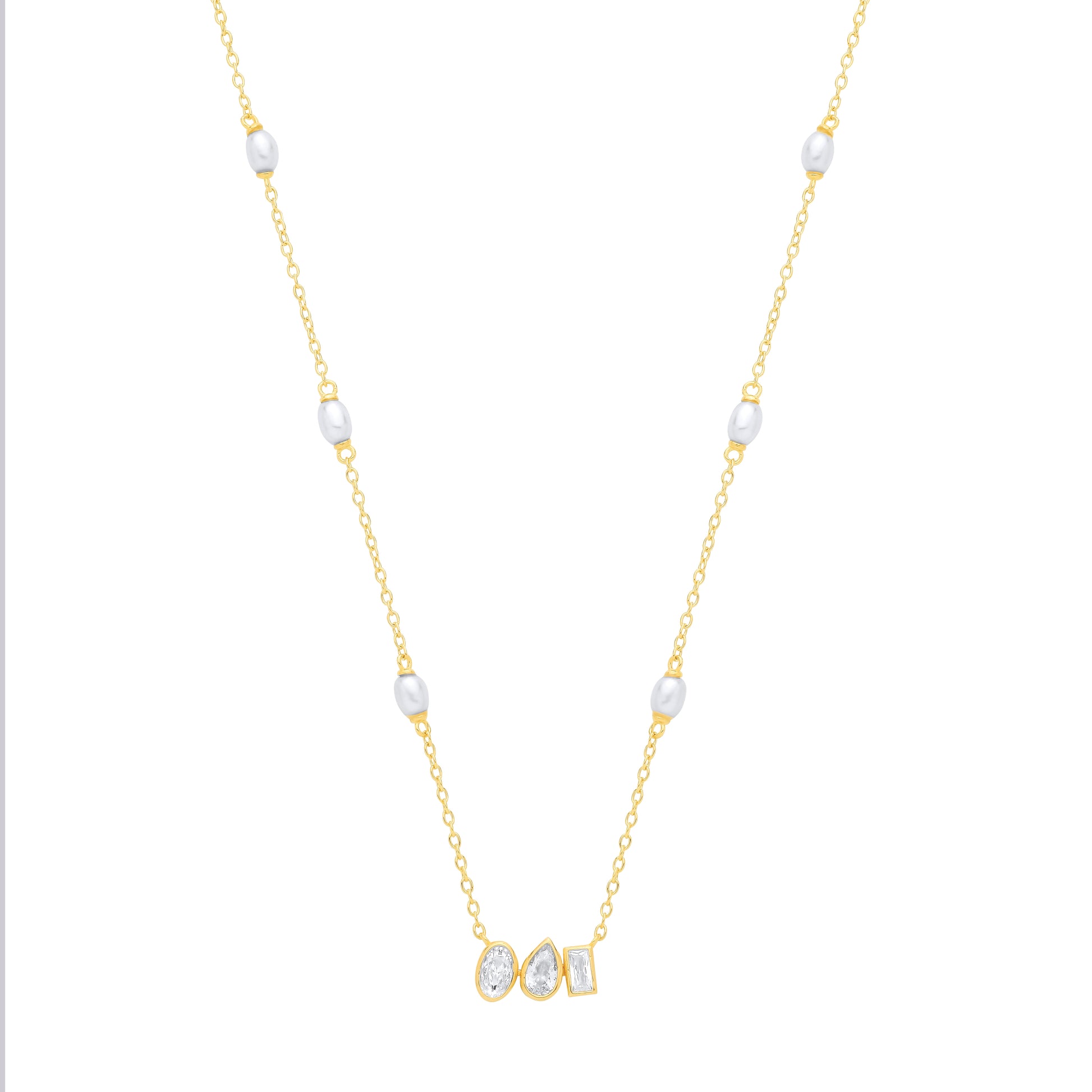 18K Gold Plated CZ & White Rice Shape Fresh Water Pearl Necklace - GVK558