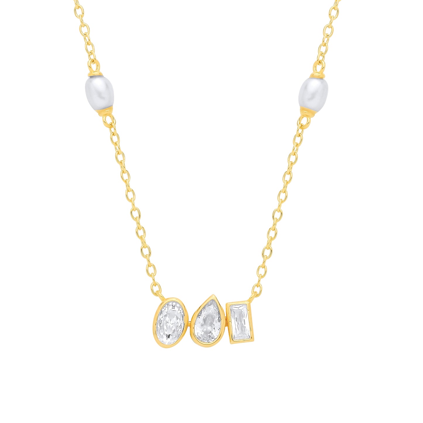 18K Gold Plated CZ & White Rice Shape Fresh Water Pearl Necklace - GVK558