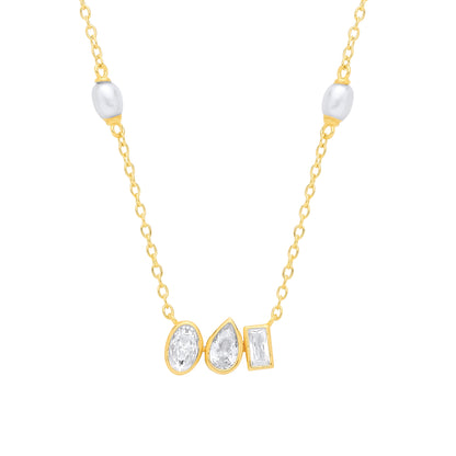 18K Gold Plated CZ & White Rice Shape Fresh Water Pearl Necklace - GVK558