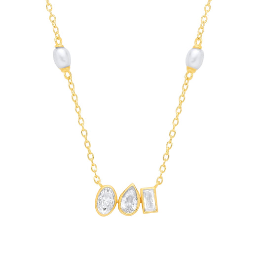 18K Gold Plated CZ & White Rice Shape Fresh Water Pearl Necklace - GVK558