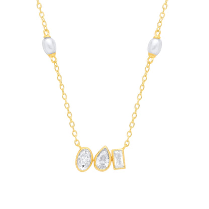 Gold-plated Silver  Pearl CZ Past Present Future Odd Trio Necklace - GVK558