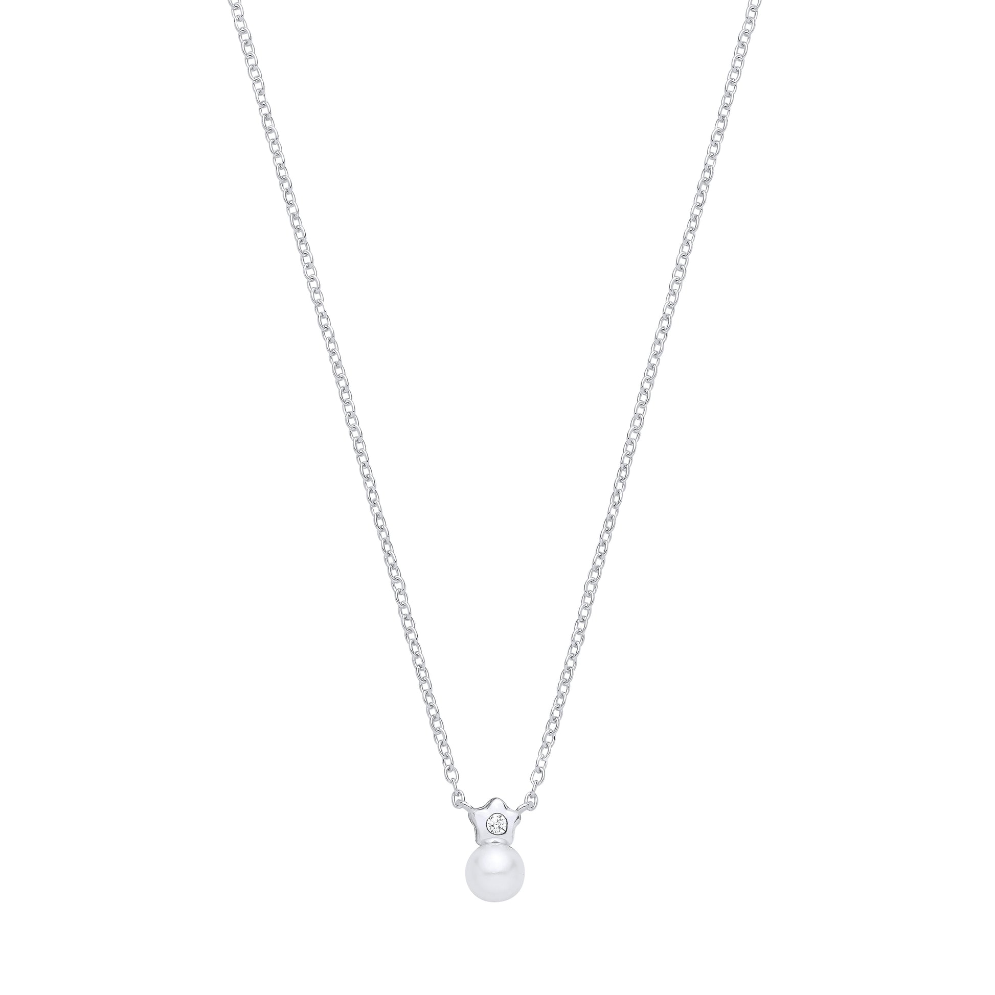 Silver  Pearl & CZ Full Moon Twinkle Star Solitaire Necklace - GVK563