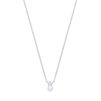 Silver  Pearl & CZ Full Moon Twinkle Star Solitaire Necklace - GVK563