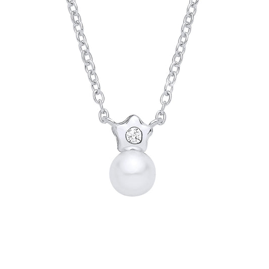 Silver  CZ & Fresh Water Pearl Star Pendant Necklace - GVK563