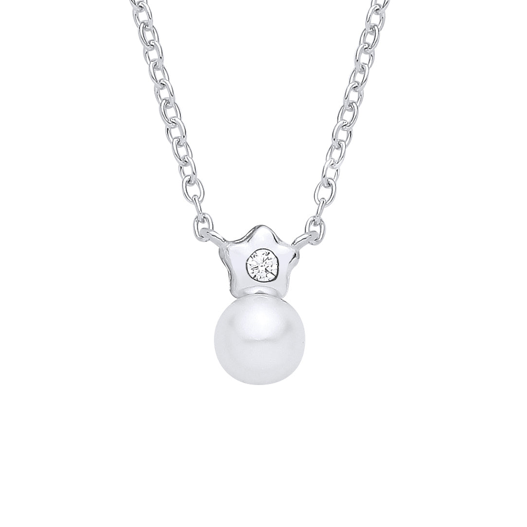 Silver  Pearl & CZ Full Moon Twinkle Star Solitaire Necklace - GVK563