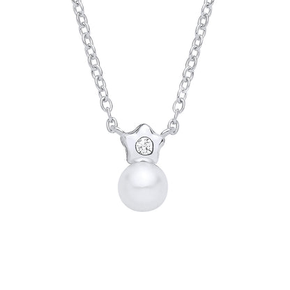 Silver  Pearl & CZ Full Moon Twinkle Star Solitaire Necklace - GVK563