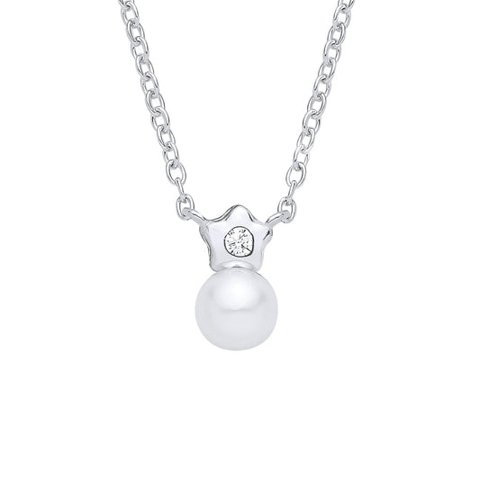Silver  Pearl & CZ Full Moon Twinkle Star Solitaire Necklace - GVK563