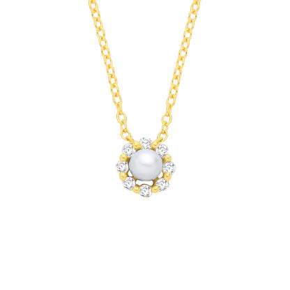 18K Gold Plated CZ & Fresh Water Pearl Necklace - 16" - GVK568