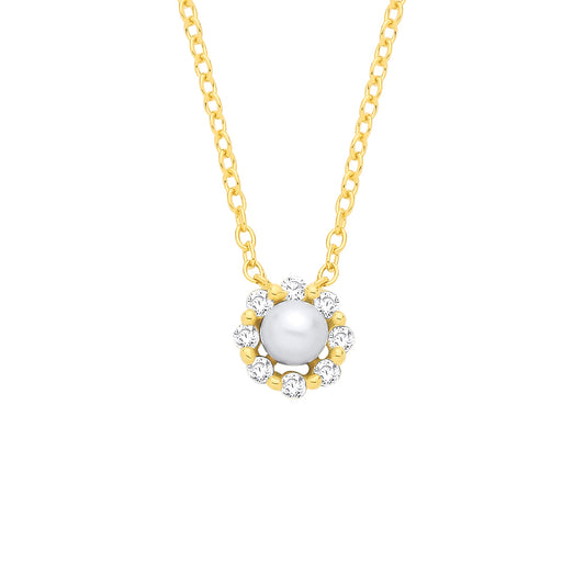 18K Gold Plated CZ & Fresh Water Pearl Necklace - 16" - GVK568