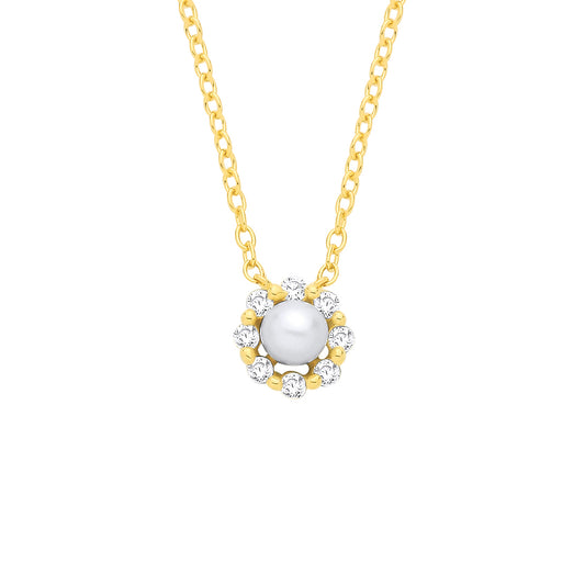 18K Gold Plated CZ & Fresh Water Pearl Necklace - 16" - GVK568