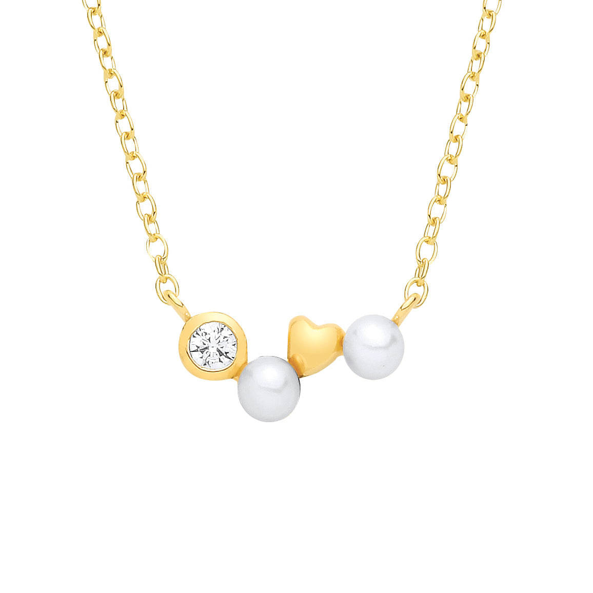 Gold-plated Silver  Pearl & CZ Zig Zag Heart Full Moon Necklace - GVK573