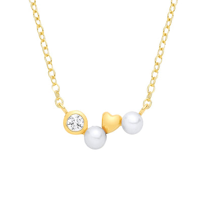 Gold-plated Silver  Pearl & CZ Zig Zag Heart Full Moon Necklace - GVK573