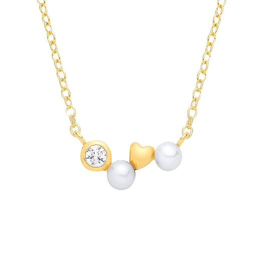 Gold-plated Silver  Pearl & CZ Zig Zag Heart Full Moon Necklace - GVK573