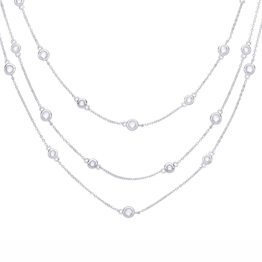 Silver  CZ 3-Row Multi Strand Raindrop Bezel Station Necklace - GVK576