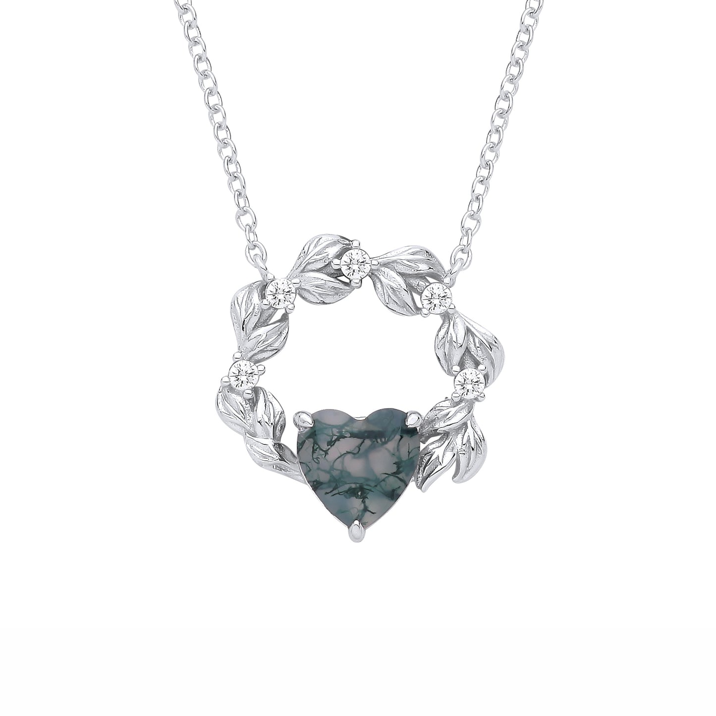 Silver  Grey Heart Moss Agate CZ Spooky Foggy Forest Leaf Necklace - GVK577