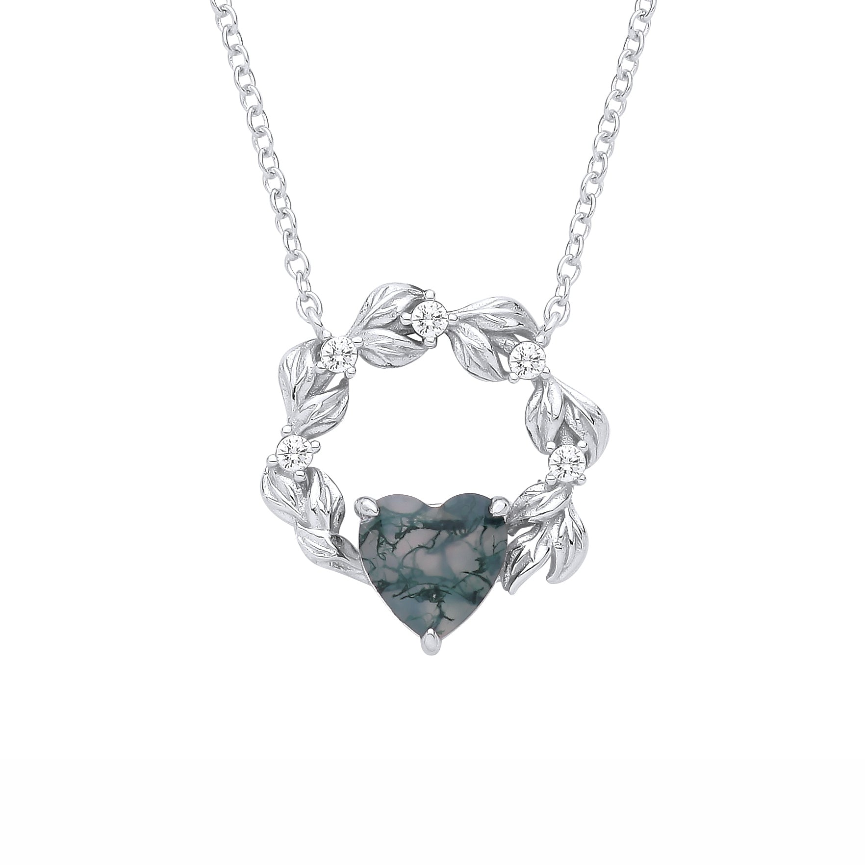 Silver  Grey Heart Moss Agate CZ Spooky Foggy Forest Leaf Necklace - GVK577