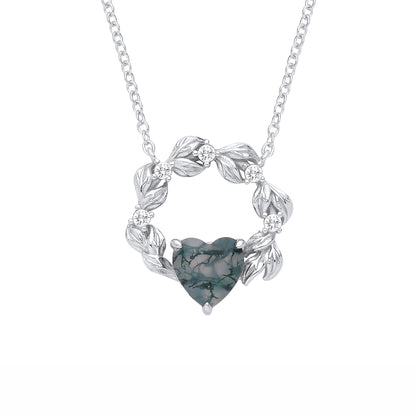 Silver  Grey Heart Moss Agate CZ Spooky Foggy Forest Leaf Necklace - GVK577