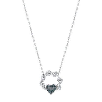 Silver  Grey Heart Moss Agate CZ Spooky Foggy Forest Leaf Necklace - GVK577