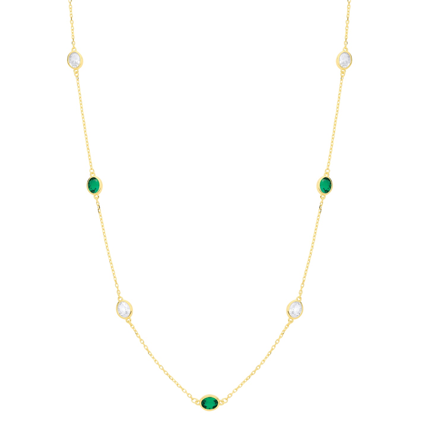 Gold-plated Silver  Green Oval CZ Raindrop Cable Station Necklace - GVK579