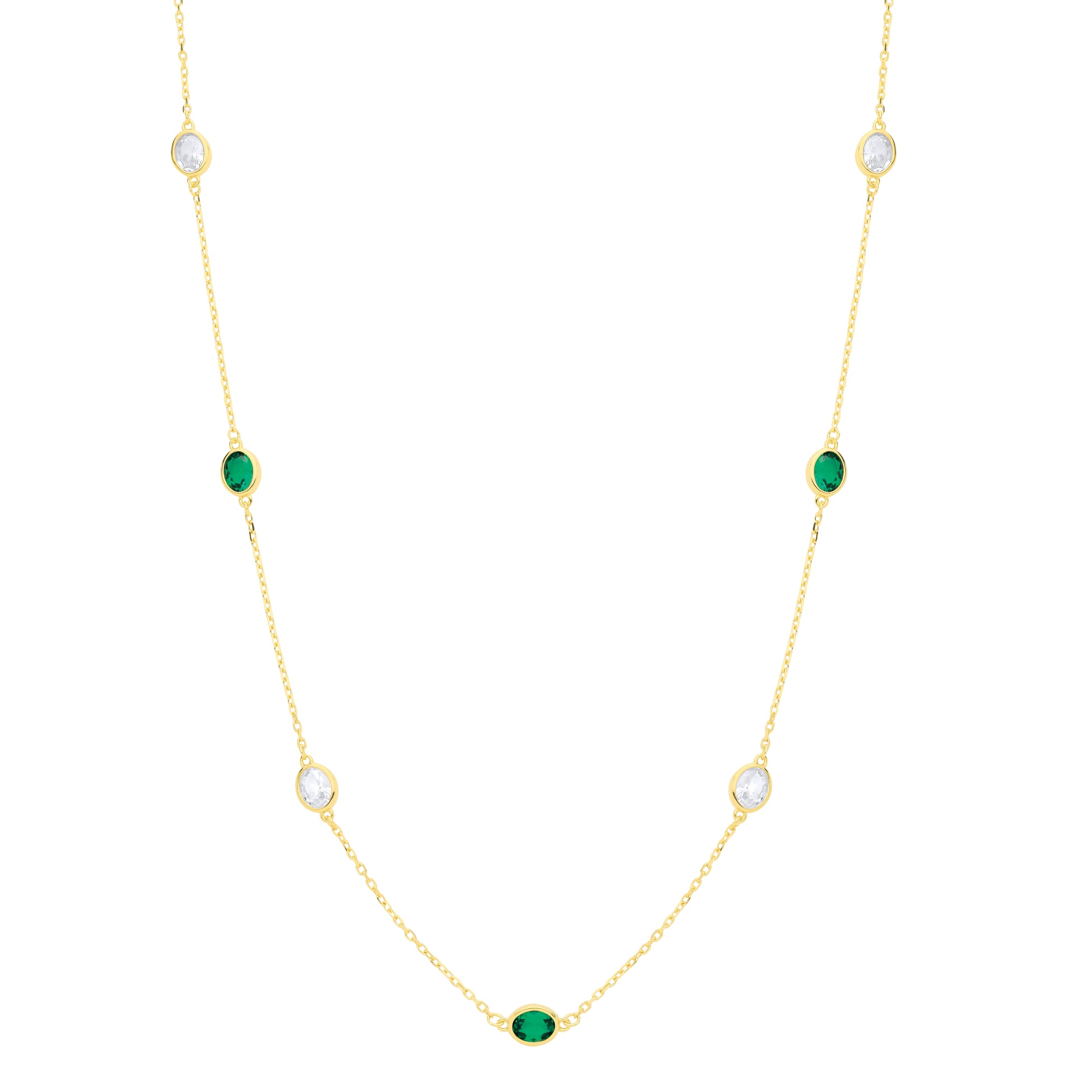 Gold-plated Silver  Green Oval CZ Raindrop Cable Station Necklace - GVK579