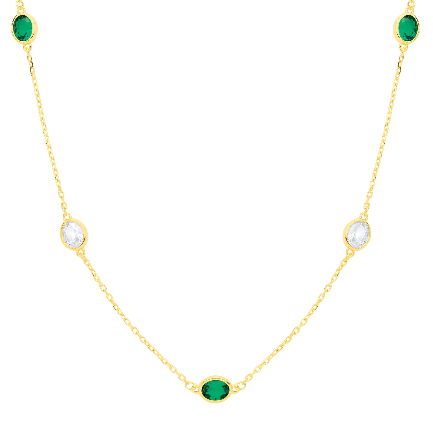 Gold-plated Silver  Green Oval CZ Raindrop Cable Station Necklace - GVK579