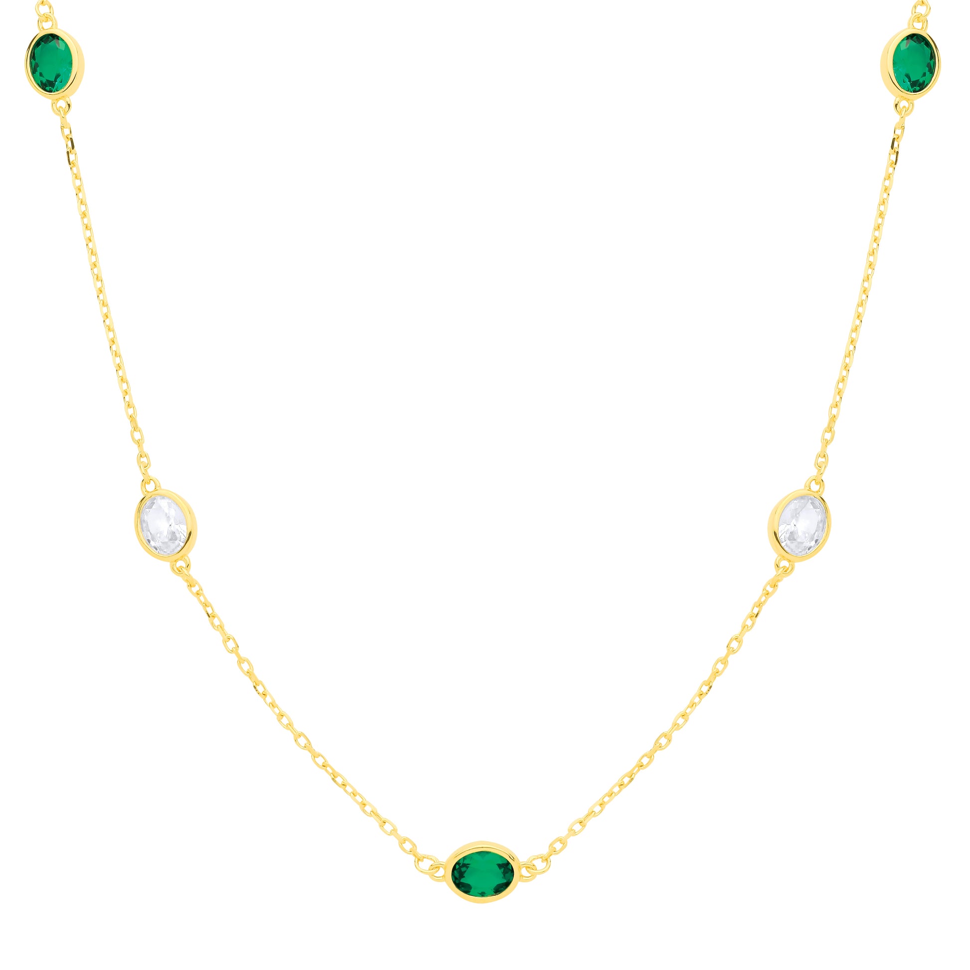 Gold-plated Silver  Green Oval CZ Raindrop Cable Station Necklace - GVK579
