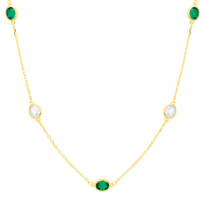 Gold-plated Silver  Green Oval CZ Raindrop Cable Station Necklace - GVK579