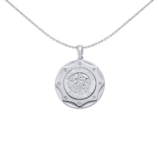 Silver  CZ Sheriff Shield St Christopher Medallion Necklace 18" - GVP062