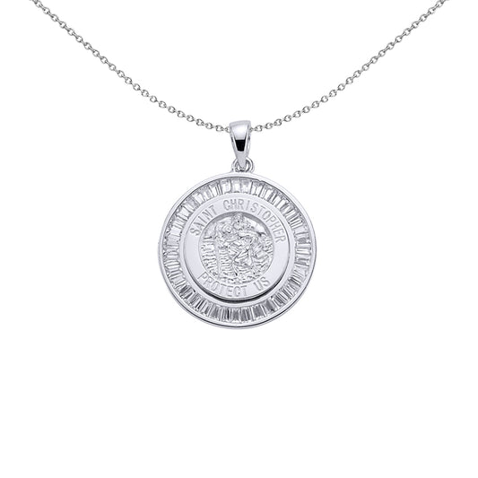 Silver  Baguette CZ St Christopher Halo Medallion Necklace 18" - GVP063