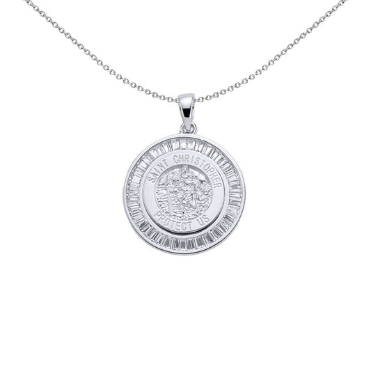 Silver  Baguette CZ St Christopher Halo Medallion Necklace - GVP063