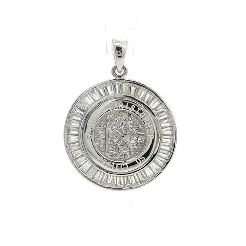 Silver  Baguette CZ St Christopher Halo Medallion Necklace - GVP063