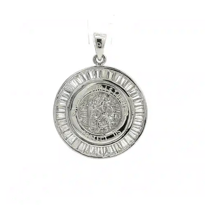 Silver  Baguette CZ St Christopher Halo Medallion Necklace - GVP063