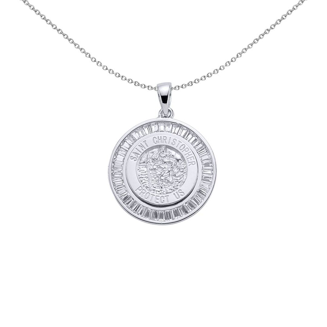 Silver  Baguette CZ St Christopher Halo Medallion Necklace 18" - GVP063
