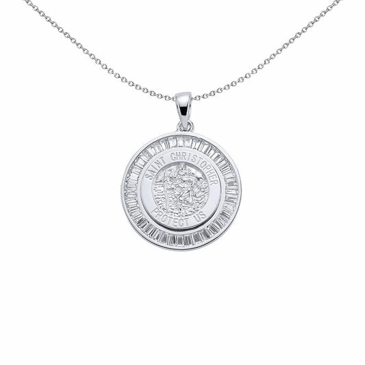 Silver  Baguette CZ St Christopher Halo Medallion Necklace 18" - GVP063
