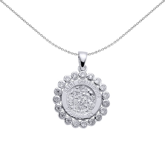 Silver  CZ Bubble Halo St Christopher Medallion Necklace 18 inch - GVP064