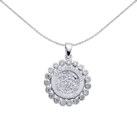 Silver  CZ Bubble Halo St Christopher Medallion Necklace - GVP064