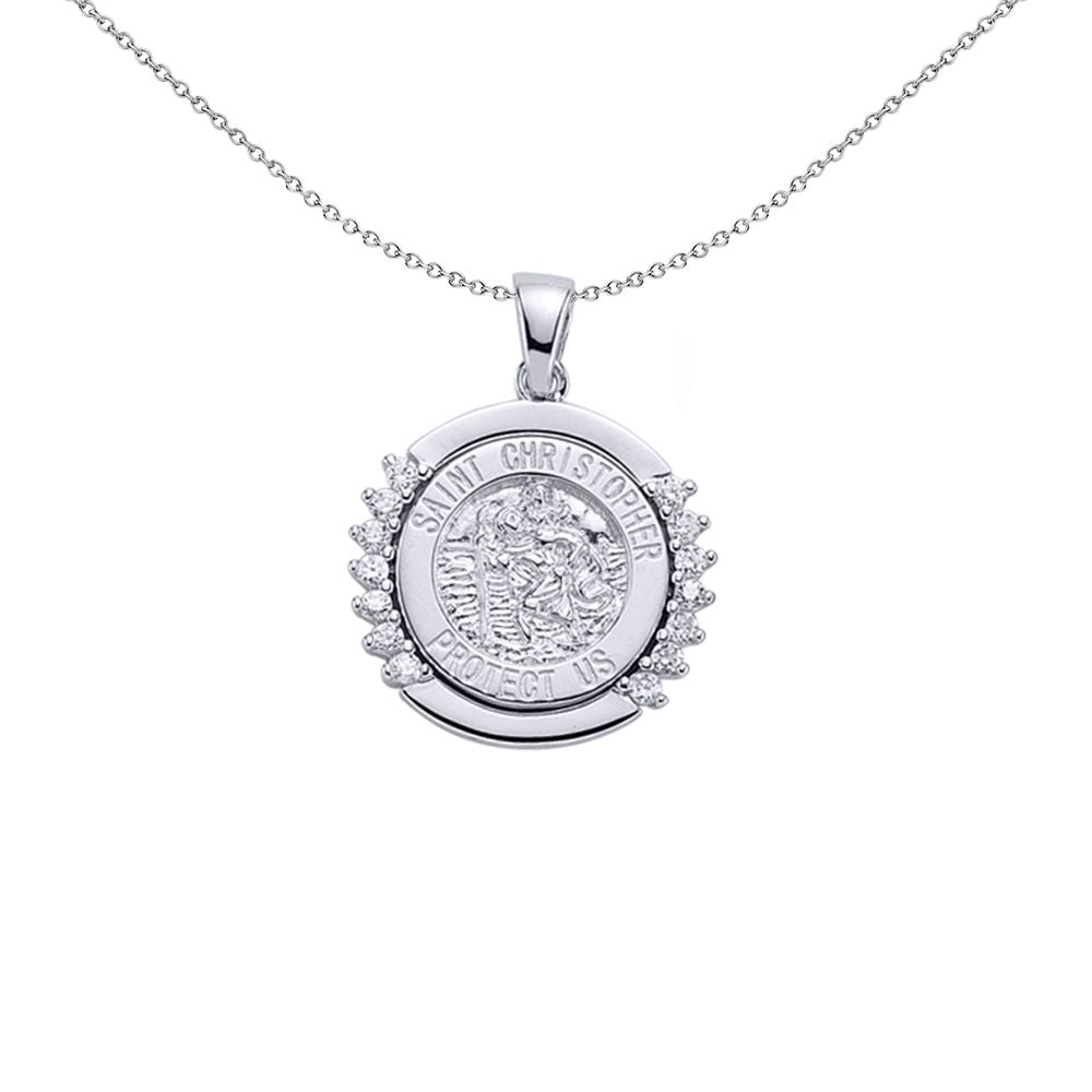 Silver  CZ St Christopher Medallion Necklace 18 inch - GVP065