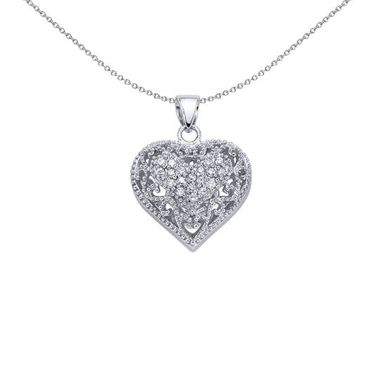 Silver  CZ Floral Love Heart Pendant Necklace 18 inch - GVP083