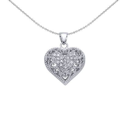 Sterling Silver  CZ Floral Love Heart Ornate Baroque Pendant - GVP083
