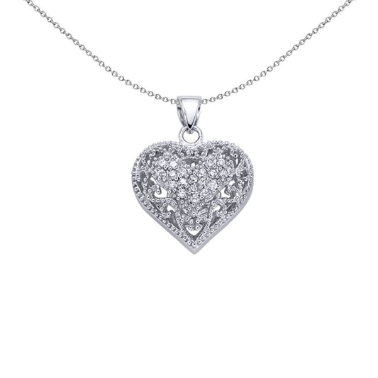 Sterling Silver  CZ Floral Love Heart Ornate Baroque Pendant - GVP083