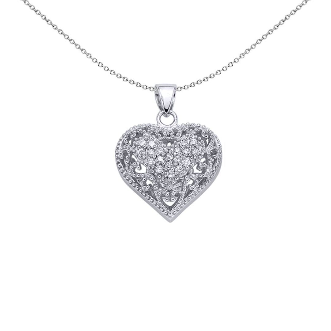 Sterling Silver  CZ Floral Love Heart Ornate Baroque Pendant - GVP083