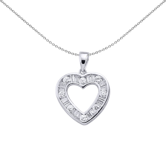 Silver  Baguette CZ Love Heart Pendant Necklace 18 inch - GVP125