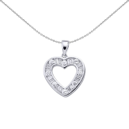 Sterling Silver  Baguette CZ Open Halo Love Heart Pendant Necklace - GVP125