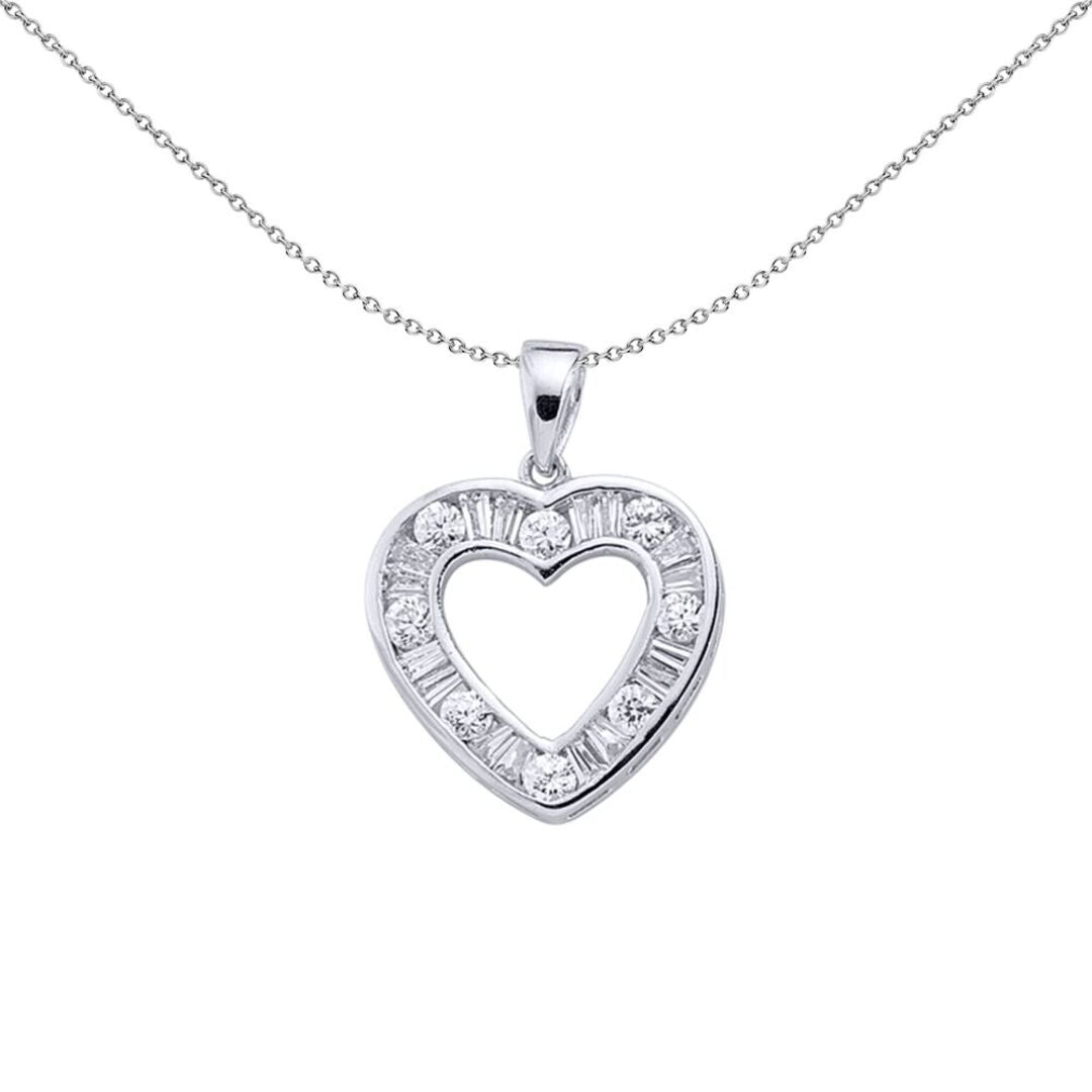 Sterling Silver  Baguette CZ Open Halo Love Heart Pendant Necklace - GVP125